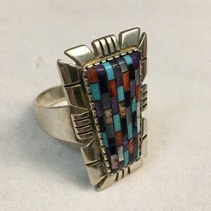 Vintage Mosaic Inlay Trapezoid Relios & Carolyn Pollack St Silver Ring. Lg Sz 12